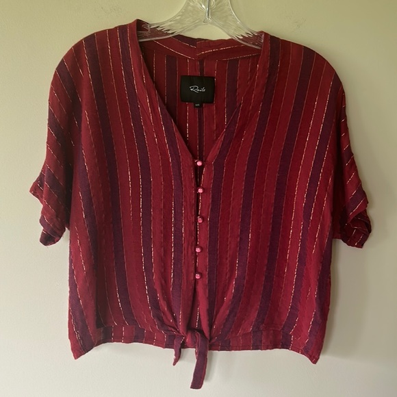Rails button front, tie bottom, metallic thread, red stripe blouse size XXS EUC - Picture 1 of 6